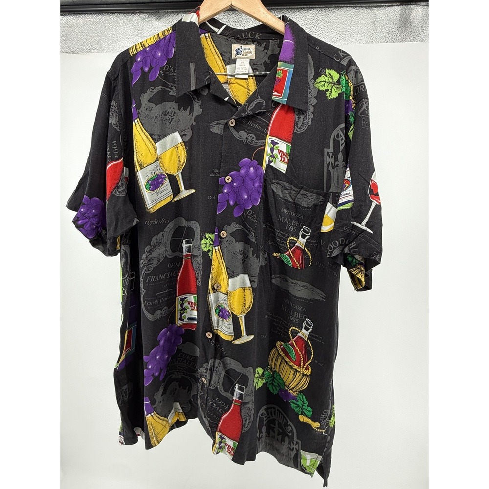 Cherokee Waikiki Wear Mens 2XL Black Wine Bottle Grape Print Rayon Aloha Shirt